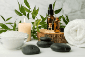 Hot Stones, body scrub, candles, and essential oils for spa treatments